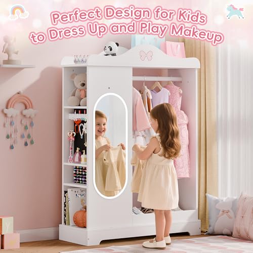 Kids Armoire with Mirror and Jewelry Cabinet, White Dress-Up Wardrobe