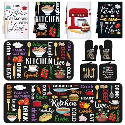 10-Piece Farmhouse Kitchen Decor Set with Towels, Rugs, Mitts, and Holders