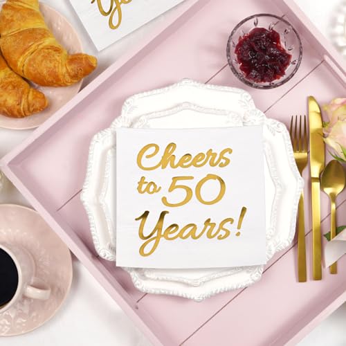 Sllyfo 50th Birthday Party Napkins White & Gold 50 Pack Cheers to 50 Years 5x5"