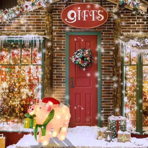 Lighted Christmas Pig Decoration with Santa Hat & Gift Box (Pink) - Battery-Powered