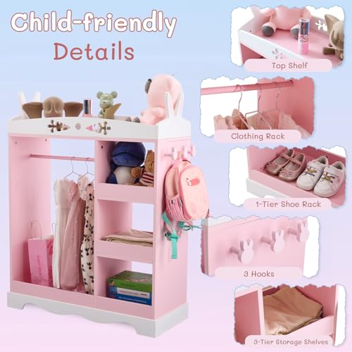 Kids Rabbit-Shaped Dress Up Wardrobe with Mirror, Hooks, and Storage Shelves