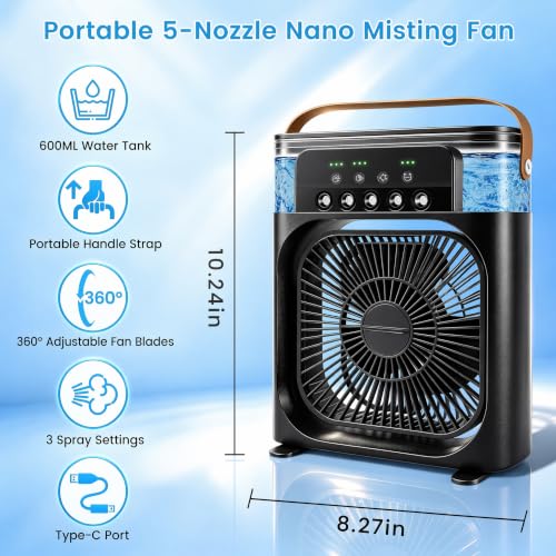 Portable Mini Evaporative Air Cooler with 5 Spray Nozzles and LED Light