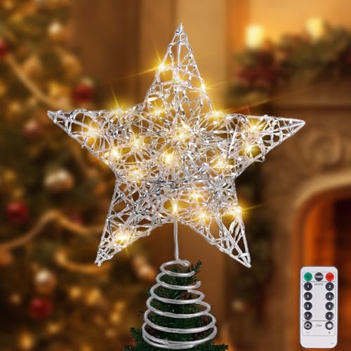 AUMAYCO Silver Star Tree Topper 20 LED Lights Christmas Decoration, Remote Control, 11.8 x 9.5 Inch