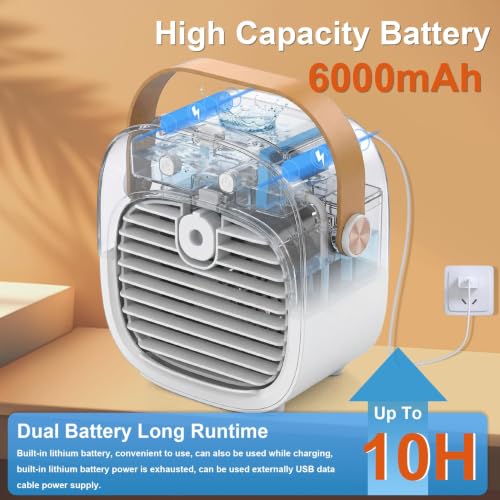 Portable Air Conditioner, 6000mAh Rechargeable Mini AC Fan with Mist Spray