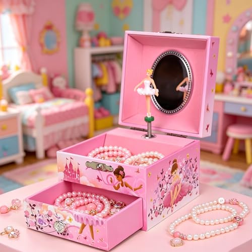 Ballerina Musical Jewelry Box for Girls with Spinning Dancer & Storage Drawer