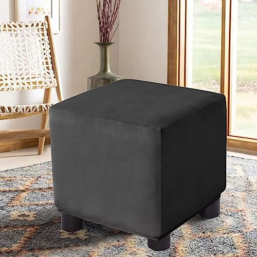 Small Square Velvet Ottoman Cover - Stretch Footrest Protector, Black