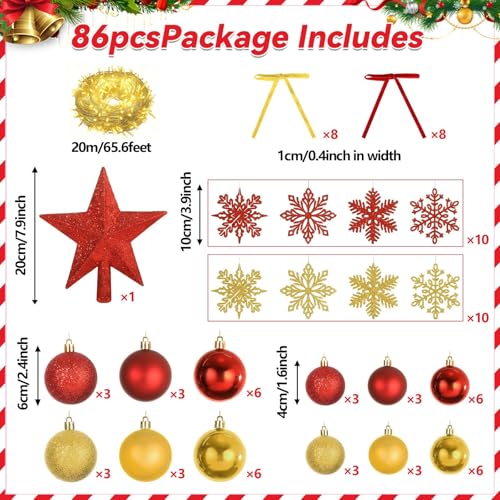 Justforjoyful 86PCS Red & Gold Christmas Ornaments Set with 65.5ft LED Lights - Includes Topper, Balls, Snowflakes & Bows (Red & Gold)
