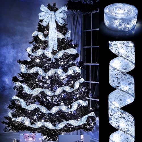 Ouddy Life 32ft Silver-White Christmas Ribbon Fairy Lights - Double Mesh LED String for Holiday Tree Decor