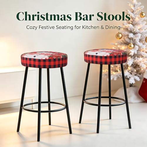 YISUN Round Bar Stool Covers 16-18 in Set of 2 – Red Buffalo Plaid Snowman Reindeer Holiday