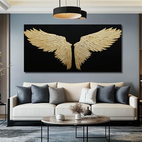 Large Abstract Bird Canvas Wall Art, Black and Gold Minimalist Painting