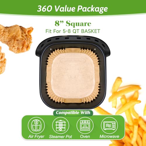 360 Pack 8 Inch Square Air Fryer Liners - Non-Stick Disposable Parchment Paper