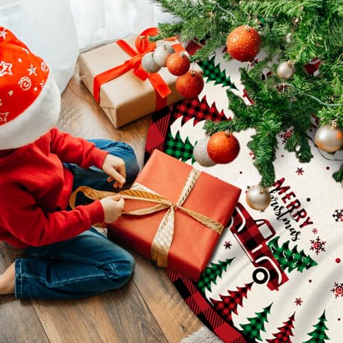 Red Buffalo Plaid Christmas Tree Skirt - 48 Inch Plush Holiday Mat