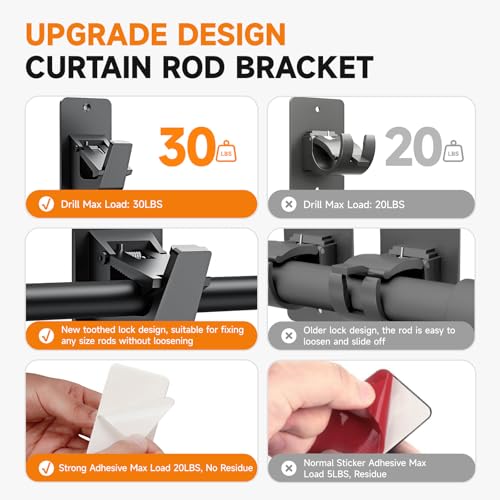 No-Drill Curtain Rod Brackets - Adhesive Wall Hooks, 4 Pack, Black