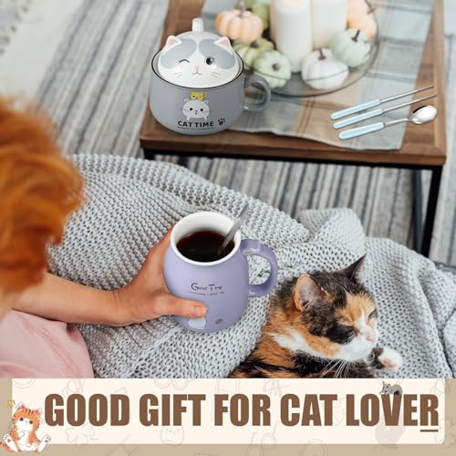 FoldTier Set of 2 Ceramic Cat Mug and Ramen Bowl with Lids - Purple & Gray