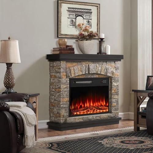 36-Inch Electric Fireplace with Mantel and Faux Stone Finish Gray