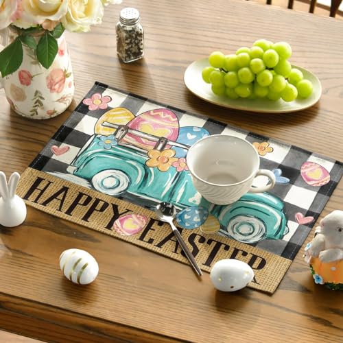 Artoid Mode 12x18 Inch Set of 4 Buffalo Plaid Carrot Egg Truck Easter Placemats, Rectangular Seasonal Table Decor