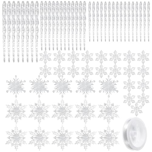 Chuangdi 72 Pcs Glitter Clear Snowflake Icicle Christmas Ornaments Set