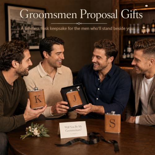 CARAKNOTS Leather Flask for Men J - 8 oz Groomsmen Wedding Gift