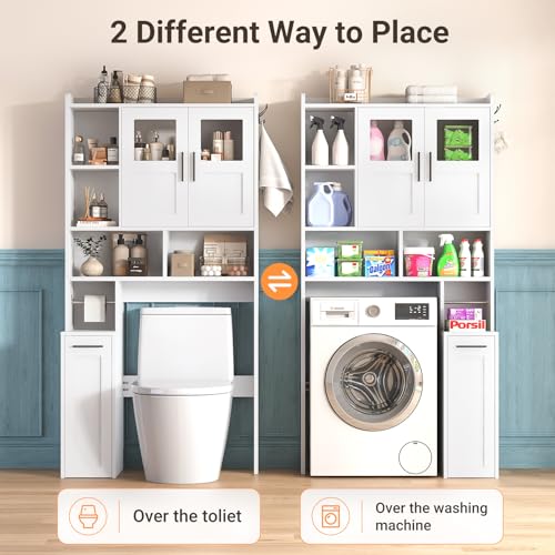 ELYKEN White Over The Toilet Storage Cabinet with Acrylic Doors & Pulley - Space-Saving Bathroom Organizer
