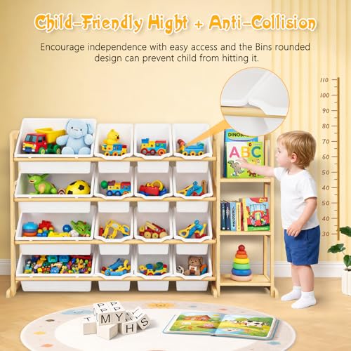 Kids Toy Storage Organizer with 16 Bins & 3 Shelves - Wooden Playroom Rack