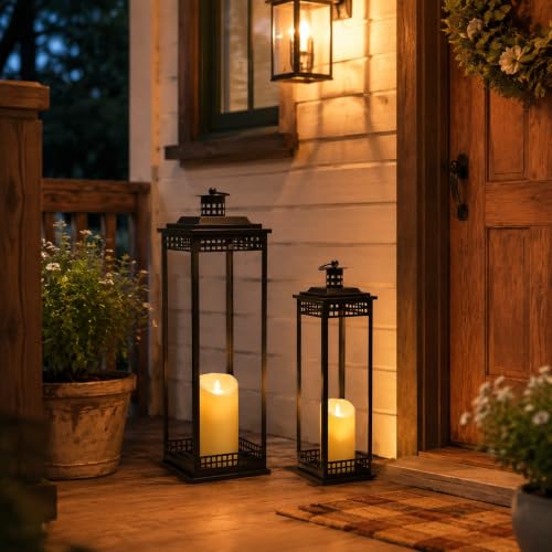 Large Lanterns Decorative Indoor 23in & 17in Black Floor Lanterns with Candles – 2 Pcs