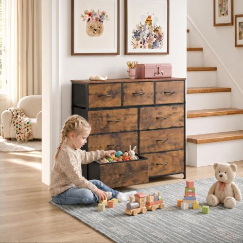 Tall Dresser with 9 Fabric Drawers and Wood Top