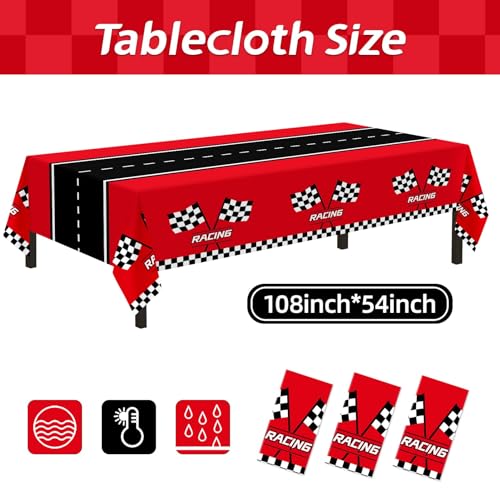 3-Pack Racing Car Plastic Tablecloths, Checkered Race Party Decor 54 x 108