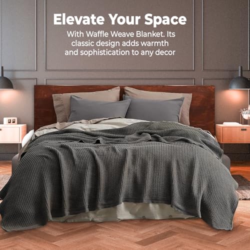 100% Cotton Waffle Weave Blanket - Lightweight Queen Bed Blanket, Dark Grey