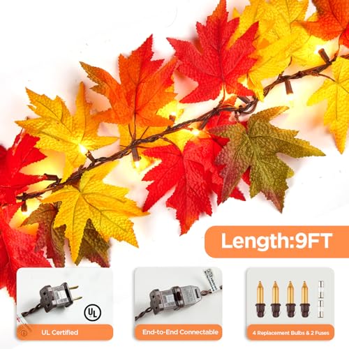 9ft Lit Fall Leaves Garland with 50 Bulbs - Plug-In Autumn Mantle Decor