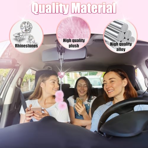 Bling Pink Heart Car Rear View Mirror Ornament with Plush Pom Poms