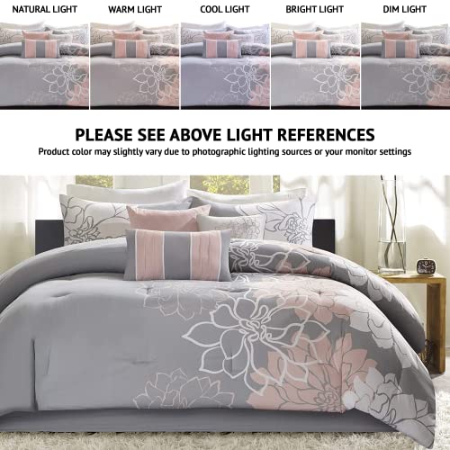 Floral Comforter Set - 7PC King All Season Bedding with Decorative Pillows