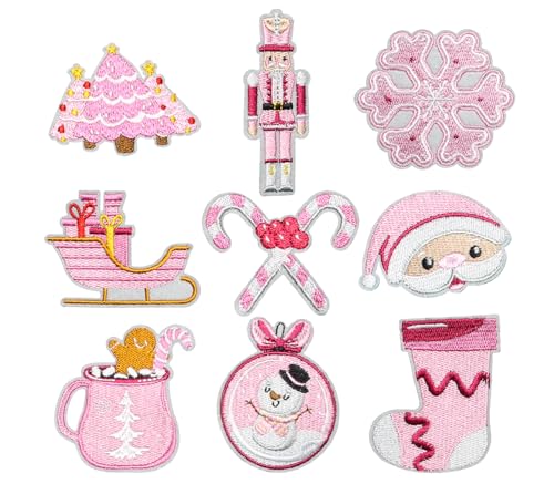 HEYTRCO 9PCS Pink Christmas Embroidered Iron-On Patches - Holiday Decor