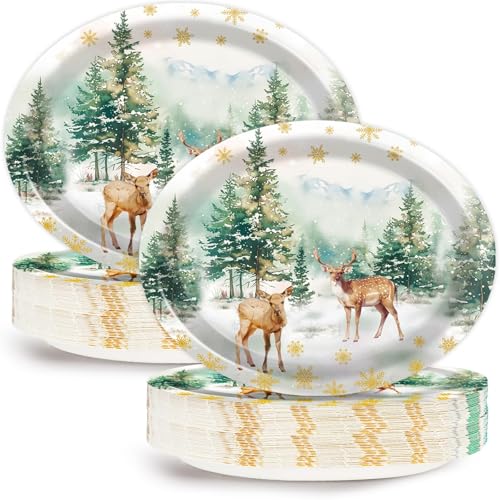 Christmas Reindeer Oval Paper Plates 11in - 50ct Watercolor Trees & Snowflakes