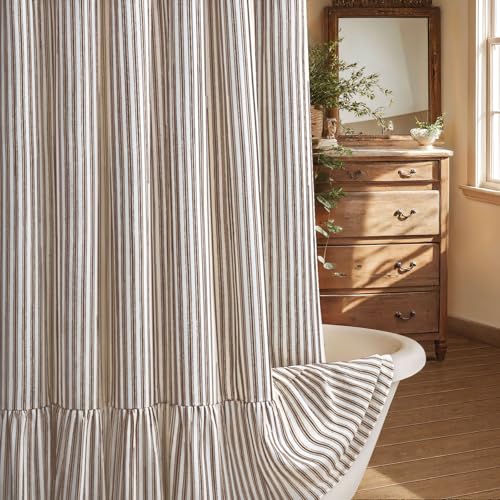 Farmhouse Linen Shower Curtain with Ruffle Hem, 72 x 72 Cream-Brown Stripe