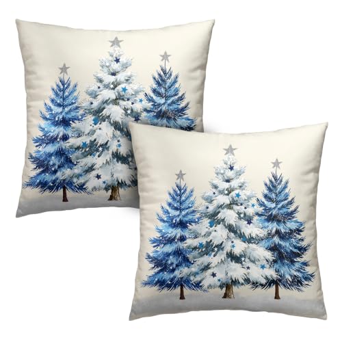 Blue Christmas Tree 18x18 Pillow Covers Set of 2 - Holiday Xmas Throw Pillow Cases