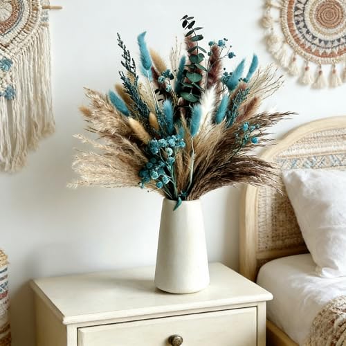 17-Inch Turquoise Dried Pampas Grass Bouquet - 60-Stem Boho Vase Filler