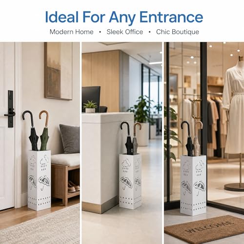 Square Metal Umbrella Stand for Entryway - 17-Inch White Umbrella Holder Bin