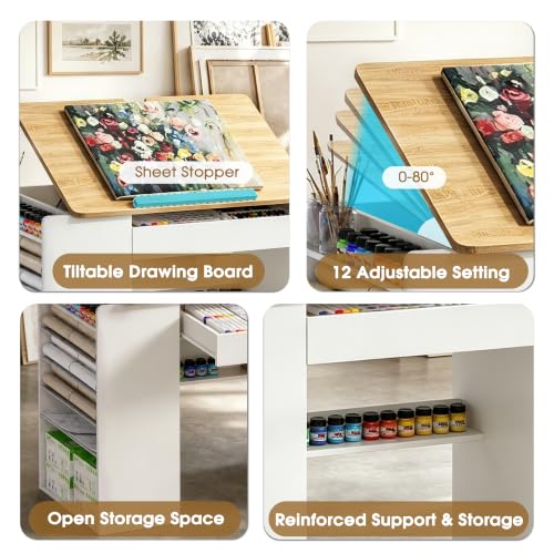 Adjustable Drafting Table with Storage Shelves & Built-In Charging Station