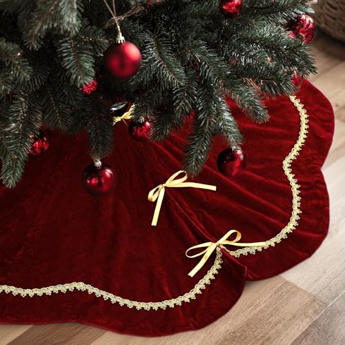 Red Velvet Christmas Tree Skirt with Scalloped Edge & Gold Lace Trim, 48 Inch