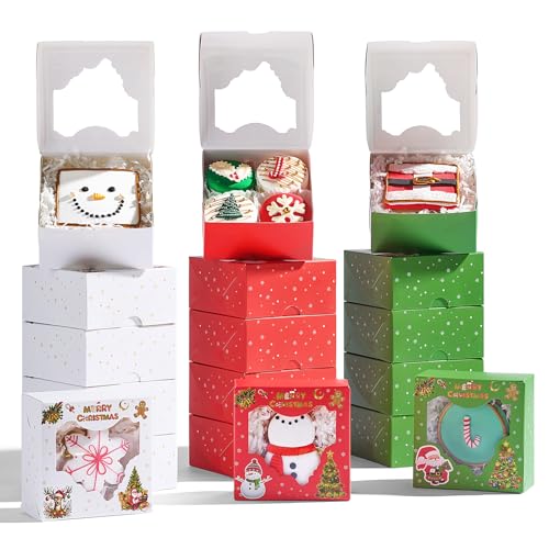 24Pcs 4x4x2 inch Christmas Bakery Boxes with Window - Flat Pack, 24-Pack JCXGRVC