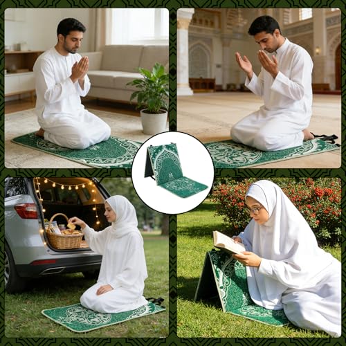 Foldable Prayer Mat with Back Support - Portable Islamic Prayer Rug Set