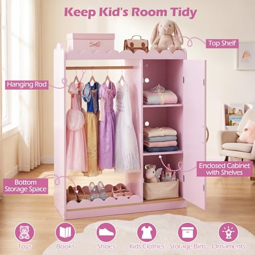 Kids Dress Up Storage Closet with Full Length Mirror and Hanging Rack