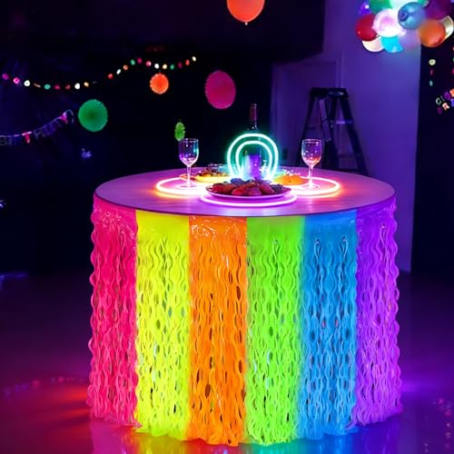 2 Pack Neon Tinsel Foil Fringe Table Skirts - UV Reactive Glow Party Decor