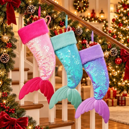 DearSun 3pcs Reversible Sequin Mermaid Tail Christmas Stockings - Pink, Blue, Purple, 25"