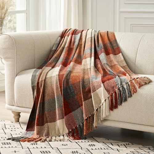 EverGrace Harvest Plaid Throw Blanket with Tassels - 50"x60" Soft Knit Throw