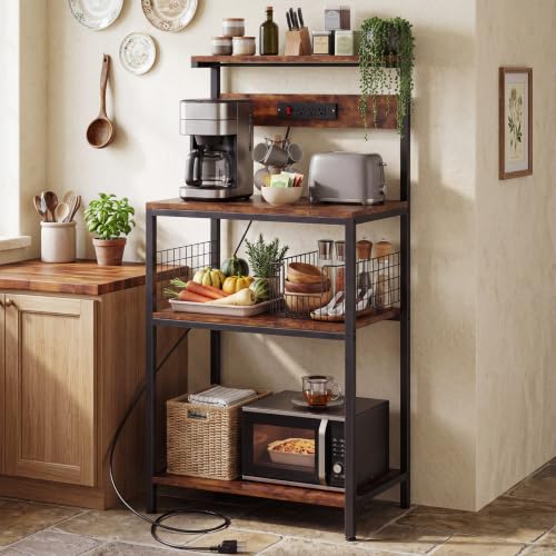 23.6-Inch Kitchen Bakers Rack with Power Outlet and 3 Adjustable Shelves