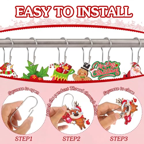 Christmas Shower Curtain Hooks 24 Sets (48 Pieces) Wood & Metal Xmas Ring Clips
