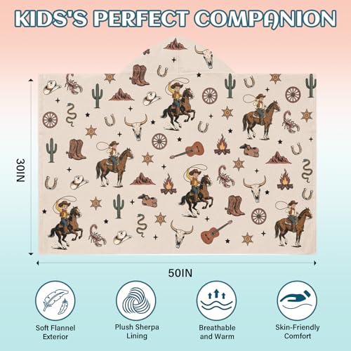 Western Cowboy Hooded Towel for Toddlers, 30"x50" Wearable Flannel Poncho