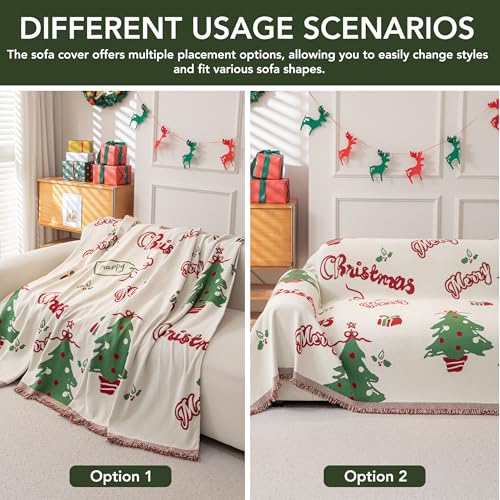 Christmas Green Chenille Sofa Cover 71x102 Inch Reversible Couch Protector for Loveseat & Sectional with Dogs Washable