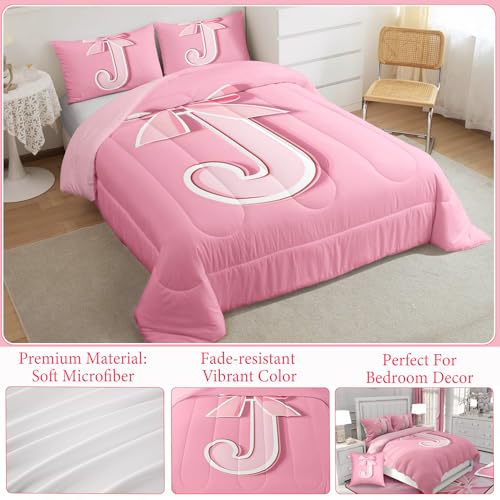 jejeloiu Pink Bowknot Bedding Set, King Size, Decor Personalized Teen Girl Gifts Ultra Soft Initial Letter J Bedding Set, Girly Romantic Comforter Kawaii Pink,Duvet Set Room Decor Quilt Set